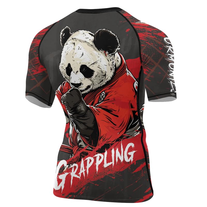 Panda Fighter Men's Short Sleeve Compression Rash Guard MMA Jiu Jitsu BJJ Grappling Base Layer Combat Shirt - color: V2, size: Small
