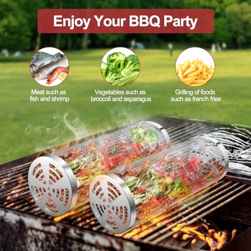 Grill Basket 2 PCS, Rolling Grill Baskets for Outdoor Grill, Grilling Accessories, Stainless Steel BBQ Net Tube Baskets with Oil Sprayer for Veggies, Shrimp, Grilling Gifts for Men