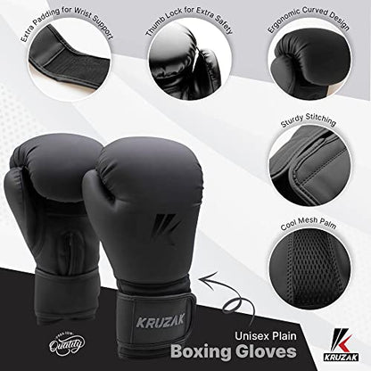 Kruzak Unisex Matte Black Boxing Gloves, Focus Mitts and Head Gear Set for Kickboxing and Muay Thai MMA Training | Fitness Kit for Martial Arts and Karate - size: S/M - Headgear
