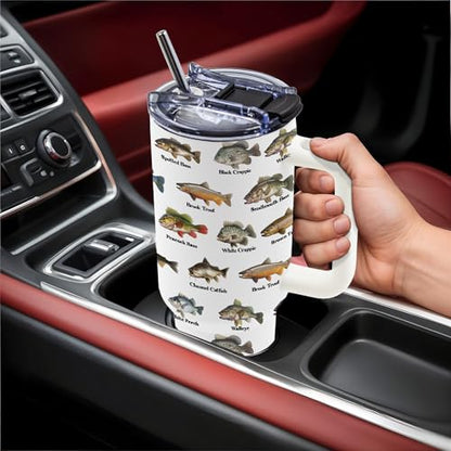 Fishing Coffee Mug, Fish Gifts for Dad, 40oz Tumbler, Fishing Gifts for Men with Handle and Straw, Christmas, Thanksgiving, Birthday Gifts for Fisherman, Party Supplies, Stainless Steel Cup