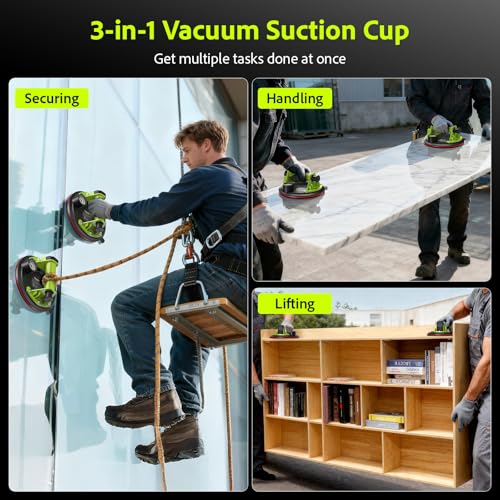 TaskStar Glass Suction Cups to Lift Large Glass: 8" Tile Suction Cup Tool with Pressure Gauge, 450 LBS Max Load, Heavy Duty Vacuum Lifter for Contractor/Tiler/Stone Installer/DIYer - color: Green