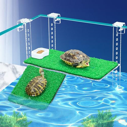 Turtle Basking Platform with Artificial Grass & Adjustable Ramp Non-Slip Large Dock for Aquatic Turtles Fits 0.31"-2.11" Thick Tanks Durable Acrylic Turtle Tank Accessories 13 Inch - size: 13 Inch