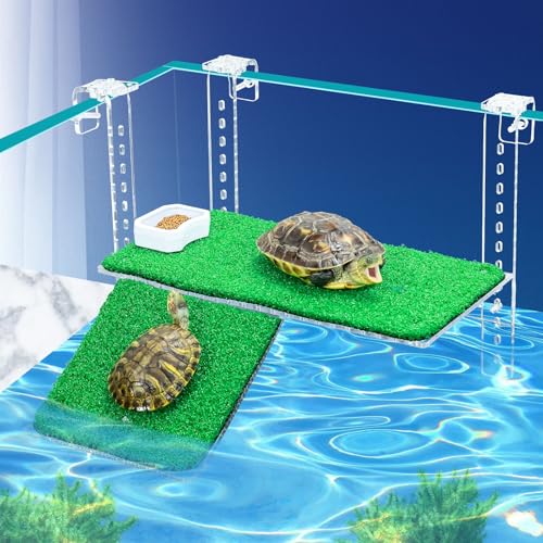 Turtle Basking Platform with Artificial Grass & Adjustable Ramp Non-Slip Large Dock for Aquatic Turtles Fits 0.31"-2.11" Thick Tanks Durable Acrylic Turtle Tank Accessories 13 Inch - size: 13 Inch