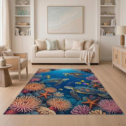 5'x7' Washable Graphic Turtle Area Rug, Teal Non-Shedding Pet Friendly Carpet for Small Living Room, Playroom, Bedroom, Easy Care Kids Safe Mat | Ref:1955521 - color: Blue/Pattern 24, size: 5' x 7' (Rectangular)