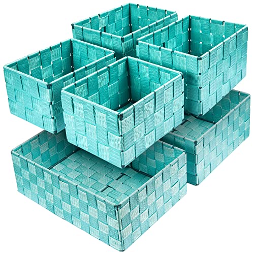 Woven Storage Baskets, Storage Bins, Cube Basket Container Baskets Storage Boxes Organizers for Clothes/Shelves/Closet, Set of 6 (Aqua)