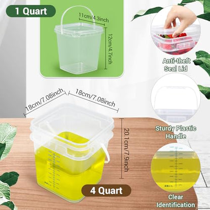 1Gal Clear Square Bucket with Airtight Lids, BPA-Free Food Storage Container for Kitchen Pantry, Meal Prep, Snack, Rice, Flour, Pet Food - Transparent Bucket with Scale Marks (2x4 Qt, 2x1 Qt)