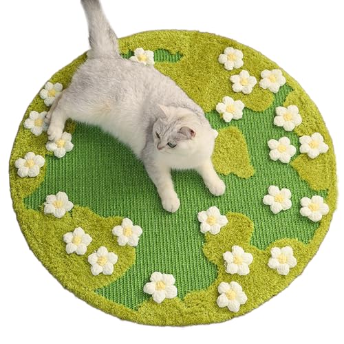 31 x 31 Inch 3D Garden Cat Scratcher Mat, Flower Sisal Cat Scratch Pad, Floor Cat Scratching Pads Rug for Indoor Cats, Protector for Wall&Carpets&Sofas, Green Moss Cat Claw Pad (White Flowers)