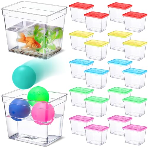 20 Set 12oz Plastic Fish Bowls with 100 Table Tennis Carnival Game Favors Rectangle Gold Fish Bowls with Multicolor Balls Reptile Terrariums Cage for Kids Carnival Game Party Activity Prize