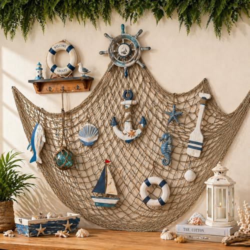 Fish Net Decorations for Party, 80x40 Inch Large Decorative Fish Netting Table Runner, Wall Photo Hanging Fishnet for Nautical Mermaid Pirate Hawaii Beach Under the Sea Party Decorations, Caramel