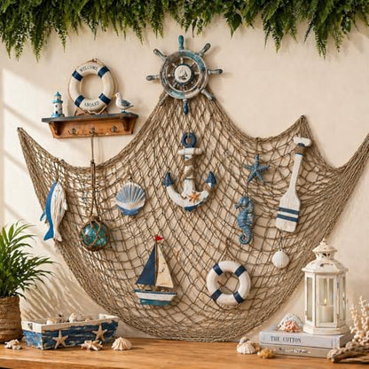 Fish Net Decorations for Party, 80x40 Inch Large Decorative Fish Netting Table Runner, Wall Photo Hanging Fishnet for Nautical Mermaid Pirate Hawaii Beach Under the Sea Party Decorations, Caramel