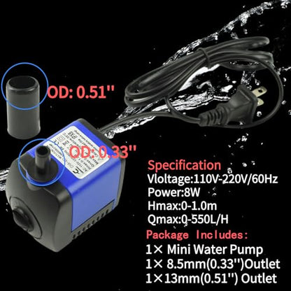 Conquerall CHA-450 140GPH 550L/H AC 110V Submersible Pump 8W for Fish Tanks, Water Features, Ponds, Aquariums, Fountains, Statues, Backyard Fountains, Pump Hydroponics, and Pet Waterers - size: 140GPH-8W