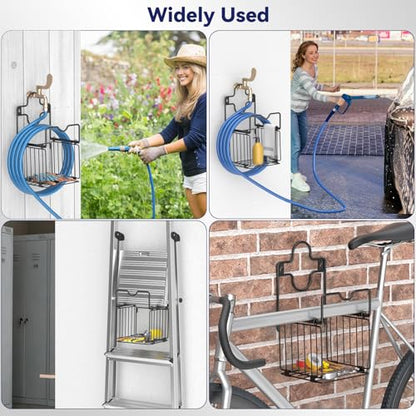 Garden Hose Holders for Outside Metal Water Hose Holder Wall Mount Hose Hanger with Storage Basket Heavy Duty Waterhose Holder for Outside Hose Rack Outdoor Hose Caddy Hook for Garden Organizer Black