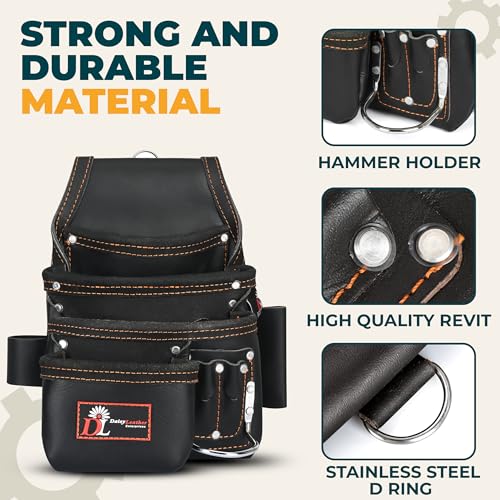 Daisy Leather Tool Bag Pro 505 Premium Leather Oil Tanned 13 Pockets with Speed Square Pocket Multi-Purpose Tool Organizer for Handyman Carpenter Electrician Construction Farmers X-Large… - color: Black