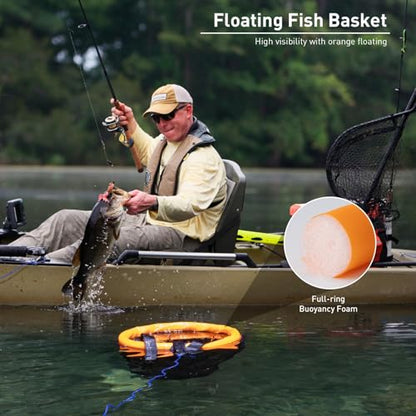 Floating Fish Basket for 5 Gallons Buckets, Foldable Fishing Basket Bait Net for Live Caught, Rubber Coated Mesh Fish Holder for Kayak Fishing Live Well Baitfish Minnow Bucket