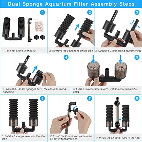 hygger Aquarium Double Sponge Filter, Comes with 2 Spare Sponges (S) - size: Filter S (10-40 gallon)