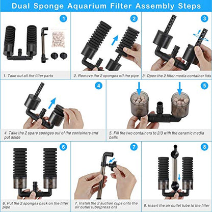 hygger Aquarium Double Sponge Filter, Comes with 2 Spare Sponges (S) - size: Filter S (10-40 gallon)