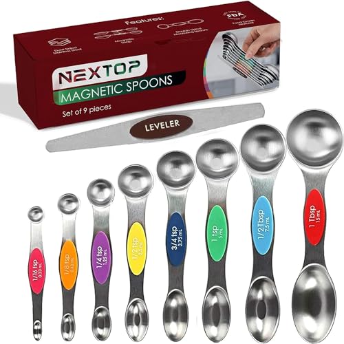 Magnetic Measuring Spoons Set of 9 Stainless Steel Dual-Sided Stackable Measuring Spoon Nesting Teaspoons Measuring Dry and Liquid Ingredients, Fits in Spice Jars Set of 9 (Multicolor) - color: Multicolor