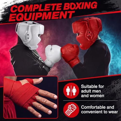 Kanayu 14 Pcs Boxing Gloves and Headgear Set for Beginners Youth 16 Ounce Boxing Gloves Headgear Helmet Hand Wraps Mouth Guards Equipment for Beginners Training Equipment Gifts - color: White, Red