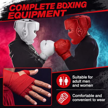 Kanayu 14 Pcs Boxing Gloves and Headgear Set for Beginners Youth 16 Ounce Boxing Gloves Headgear Helmet Hand Wraps Mouth Guards Equipment for Beginners Training Equipment Gifts - color: White, Red
