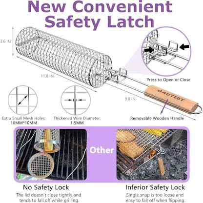 Rolling Grill Basket, Grill Baskets for Outdoor Grill, REMOVABLE HANDLE, Anti-Scorch Stainless Steel BBQ Net Tube for Meat, Shrimp, Vegetables, Grill Accessories, Gifts for Dad, Husband (Round)