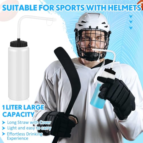 Domensi 4 Pack 32 oz Hockey Sports Water Bottle with Long Straw Easy Squeeze Plastic Bottle Helmet Friendly for Sport Hockey Football Lacrosse(Translucent,Classic) - color: Translucent