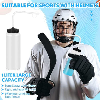 Domensi 4 Pack 32 oz Hockey Sports Water Bottle with Long Straw Easy Squeeze Plastic Bottle Helmet Friendly for Sport Hockey Football Lacrosse(Translucent,Classic) - color: Translucent