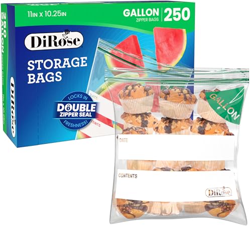 DiRose Gallon Bags Pack of 250 – 1 Gallon Reclosable Storage Bags – Practical and Durable Design – Food Safe Non-BPA Material – Easy Zip Closure – Ideal for Food, Snacks, Dog Treats, Organizing