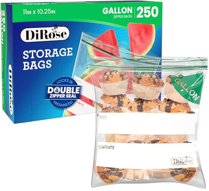 DiRose Gallon Bags Pack of 250 – 1 Gallon Reclosable Storage Bags – Practical and Durable Design – Food Safe Non-BPA Material – Easy Zip Closure – Ideal for Food, Snacks, Dog Treats, Organizing