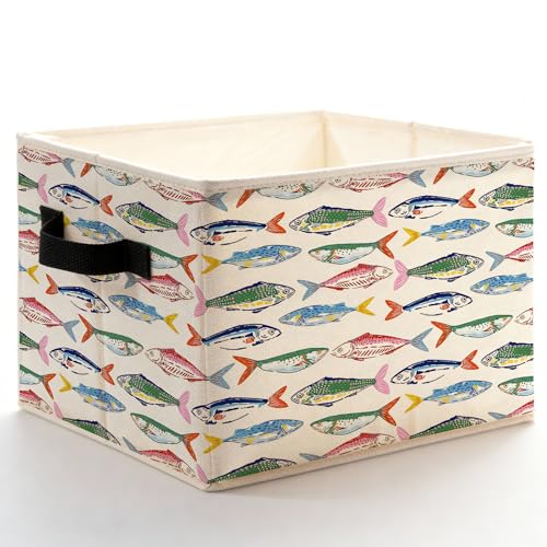 Colorful Fish Coastal Beach Storage Bins Box with Handles, Nautical Ocean Seafood Sardines Fish Foldable Basket Toybox for Kids Nursery Bedroom Bathroom Home Clothes Toys Books