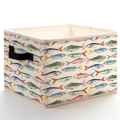 Colorful Fish Coastal Beach Storage Bins Box with Handles, Nautical Ocean Seafood Sardines Fish Foldable Basket Toybox for Kids Nursery Bedroom Bathroom Home Clothes Toys Books