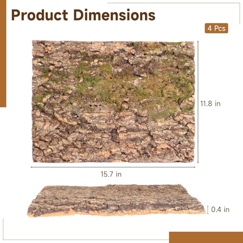 4 Pcs Cork Terrarium Background, 15.7 x 11.8 in Reptile Cork Bark Mat, Natural Cork Bark Climbing Sheet, Cut to Fit Bark Backdrop Wall Decor for Aquarium, Vivarium, Reptile Habitat