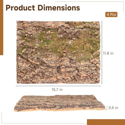 4 Pcs Cork Terrarium Background, 15.7 x 11.8 in Reptile Cork Bark Mat, Natural Cork Bark Climbing Sheet, Cut to Fit Bark Backdrop Wall Decor for Aquarium, Vivarium, Reptile Habitat