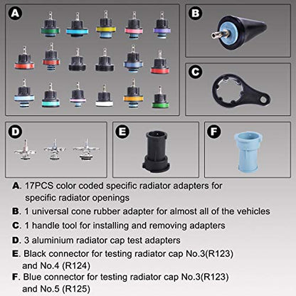 Radiator Pressure Tester Pneumatic Vacuum Cooling System Purge Refill Kit 28PCS Universal Automotive Water Tank Leak Test and Coolant Fill Tool Set with Adapters Gauge Case