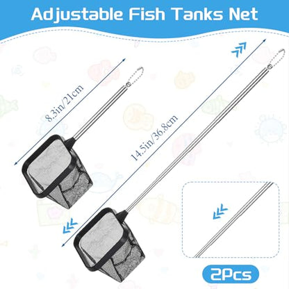 2pcs Small Fish Tank Net, Small Aquarium Net, Square Floating Fishing Nets 4.76-14.6in Retractable Handle Handle for Fish Tank, Aquarium, Stream (Black)