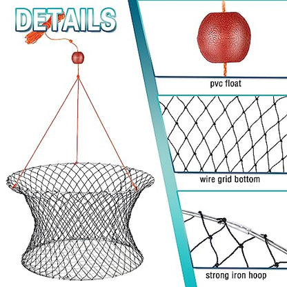 2 Sets Crab Trap Bait Wire Grid Bottom Crab Nets Foldable Fishing Net Hand Casting Cage with Harness and Bait Clip