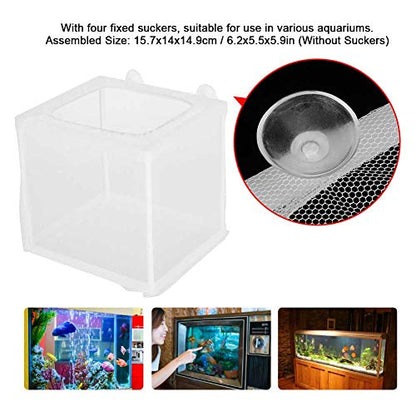 Fish Breeder Box Aquarium Incubator Transparent Plastic Isolation Tank for Newborn Fry Protection 15.7x14x14.9cm with 4 Suction Cups Mesh Net and Stand Columns