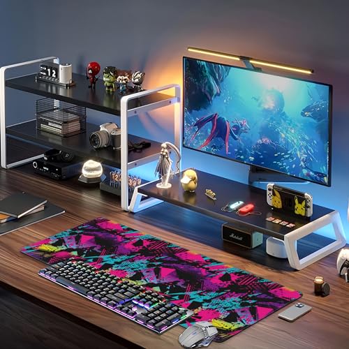 Abstract Grunge Elements Desk Mat,Large Neon Color Patterns Gaming Keyboard Mouse Pad,Non-Slip Rubber Base Desk Pad Thick Stitched Edges Waterproof Mousepad Mouse Mat 31.5"x11.8" - color: Abstract Grunge Elements
