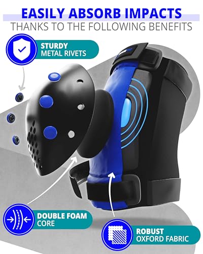 SKATEWIZ Skateboard Pads Protective Gear Set for Kids and Adults - Smash - Roller Skate Pads [6pc] with Wrist Guards - Skating Protective Gear - Roller Derby - color: Blue Black, size: M/L - Kids/Teens
