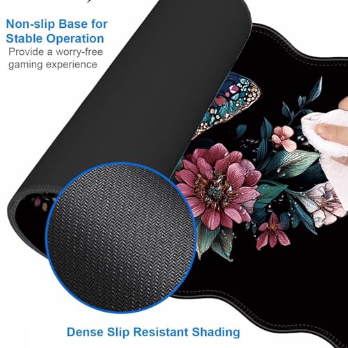 Large Gaming Mouse Pad, Keyboard Wrist Rest Pad & Wrist Support Mousepad Set, Stitched Edge, Extended, Non-Slip Base, Memory Foam Desk Mat for Office, Home,Aesthetics Floar Butterfly Moon - color: Aesthetics Floar Butterfly Moon