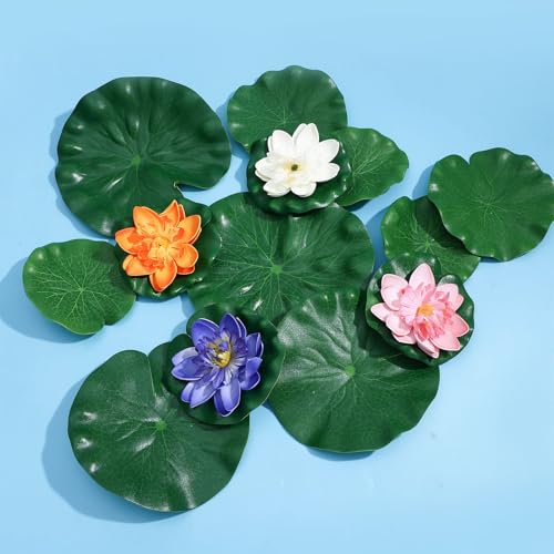 16 Pieces Artificial Floating Foam Lotus Flowers with Lotus Leaves Pond Plants Ornament Realistic Lily Pads Floating for Pond Pool Aquarium Water Decoration