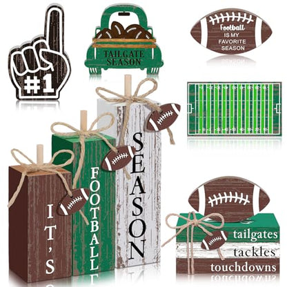 11 Pcs Football Table Decorations Football Tiered Tray Decor Centerpiece Decorative Wood Books Table Top Decor Tailgates Tackles Touchdowns Wooden Sign for Home Party Supplies - style: Football