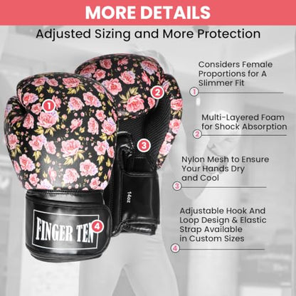 FINGER TEN Stylish Pattern Boxing Gloves Women 8-16 oz - color: Pink Flower, size: 10 oz