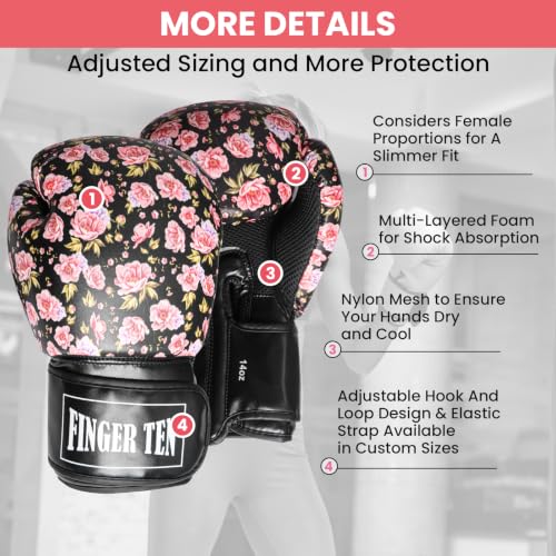 FINGER TEN Stylish Pattern Boxing Gloves Women 8-16 oz - color: Pink Flower, size: 14 oz