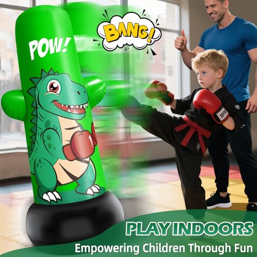 47” Tall Inflatable Dino Punching Bag for Kids | 47” Tall Bop Bag Punching Toy, Inflatable Dinosaur Toy with Bounce- Back Action for Ages 3-8, Great for Boys and Girls