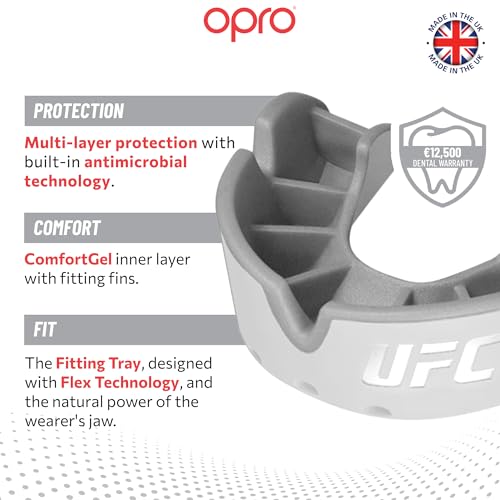 OPRO Silver Level UFC Moldable Mouth Guard, Essential Fit, White/Silver - color: Ufc - White/Silver, size: Youth (Under 10)