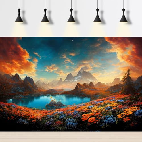 Autumn Theme Aquarium Background Tranquil Lake Blue Sunset Sky Fish Tank Background Colorful Flowers Mountains Clouds Reptile Tank Backgrounds Fall Style Reptile Enclosure Backgrounds Poster 36x24in