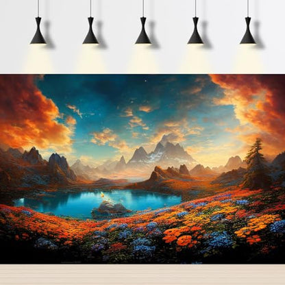 Autumn Theme Aquarium Background Tranquil Lake Blue Sunset Sky Fish Tank Background Colorful Flowers Mountains Clouds Reptile Tank Backgrounds Fall Style Reptile Enclosure Backgrounds Poster 36x24in