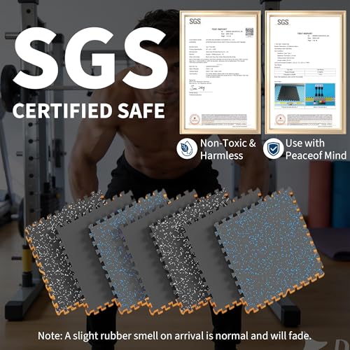 0.56-Inch Thick 48 Sq ft Exercise Equipment Mats | 12 Tiles Interlocking High-Density EVA Foam Rubber Puzzle Gym Flooring for Home Gym & Heavy Weight Workouts, 24 x 24 in Black/Gray