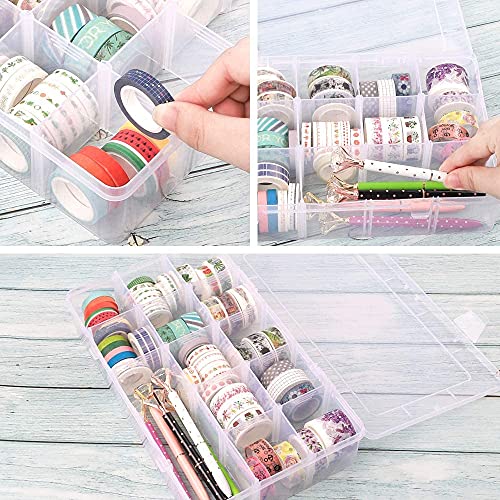 SGHUO 3 Pack 15 Grids Large Plastic Storage Organizer Box,15 Compartments with Dividers for Tackle Box, Beads, Washi Tape, Ribbon, Crafts, Art Supply 10.9X6.5X2.2inch