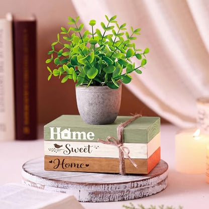4 Pcs Spring Table Centerpieces with Fake Eucalyptus Pot Plant Home Sweet Home Decoration Farmhouse Tiered Tray Tabletop Decor Wooden Stack Book Block Sign for Desk Shelf Housewarming Gift - style: Classic